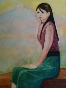 朝靄の高台のベンチに座る女性